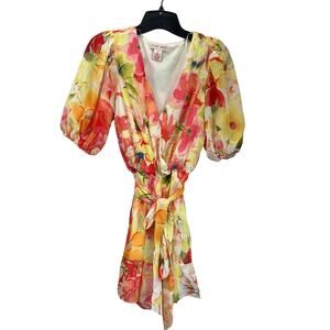 Flying Tomato Floral Romper S Puff Sleeve Wrap Tie Waist V-Neck Summer Sz S